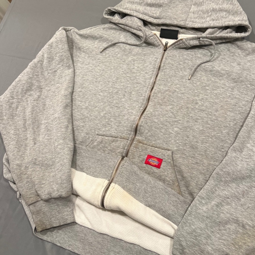 Dickies Mens XXL Gray Thermal Lined Full Zip Hoodie Distressed Workwear Jacket